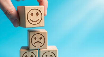 Shifting Emotions: A hand carefully places a happy face cube atop a stack of blocks, symbolizing the upliftment and transformation of sadness to joy.