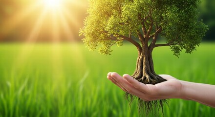 Nurturing Life: A hand cradles a young tree, symbolizing growth, sustainability, and environmental care, with sunlit meadows suggesting a harmonious eco-conscious narrative.