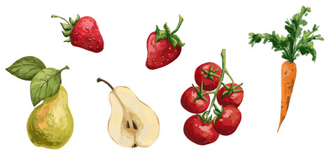 Hand-drawn fruits and vegetables clipart. Tomatoes, carrot, pears, strawberries