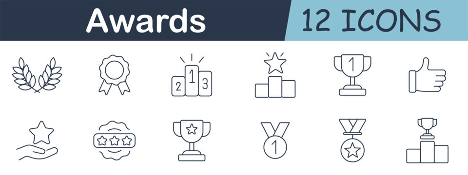 Awards set icon. Laurel wreath, badge, podium, trophy, thumbs up, star, ribbon, medals, and rating plaque outlined in achievement and recognition style.