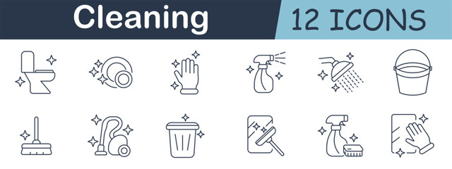 Cleaning set icon. Toilet, sponge, glove, spray bottle, shower head, bucket, broom, vacuum, trash bin, squeegee, soap bottle, and wiping hand in hygiene theme.