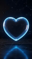 A glowing blue transparent heart hovers over a dark, networked surface. 3D render for love, data, connection, technology, and digital security.