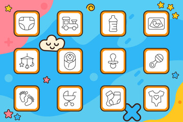 Baby set icon. Diaper, toy truck, bottle, ultrasound, mobile, swaddle, pacifier, rattle, socks, stroller, onesie, footprint. Infant care, parenting, early childhood.