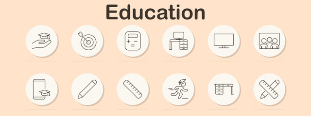 Education set icon. Graduation hand, target, calculator, desk, monitor, students, mobile cap, pencil, ruler, graduate running, desk repeat, ruler pencil crossed.