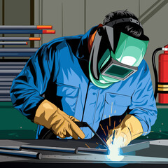 Industrial worker welding metal with bright light and sparks in a workshop setting