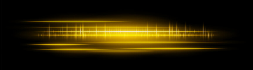 Horizontal golden glowing light streaks with motion blur and bright reflections. Perfect for overlays, visual effects, modern design, and digital highlights.