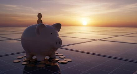 Financial Sunrise: A ceramic piggy bank stands proudly, bathed in the warm glow of the setting sun, with coins stacked atop, symbolizing the bright promise of financial growth and prosperity.