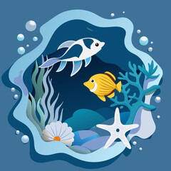 Fototapeta premium Underwater scene with two tropical fish coral starfish and paper cut layers
