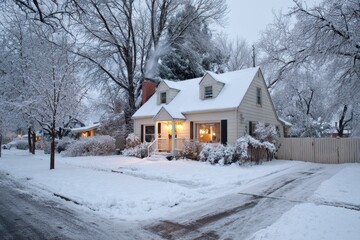 Snow-covered suburban American house in winter with warm-window glow and quiet snowy yard