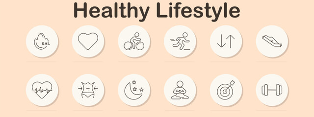 Healthy lifestyle set icon. Calories, heart, cycling, running, balance, weighing scale, pulse, body shape, sleep, meditation, goal, dumbbell.