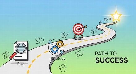 Road to Success: An illustrative depiction of a winding road leading towards a shining star, accompanied by symbols of planning and strategy, emphasizing the journey toward goal realization.
