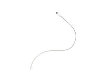 A white fabric-braided USB Type-C cable isolated on a transparent PNG. Ideal for concepts related to business technology, data transfer, connectivity and fast charging for modern devices.