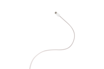 A white fabric-braided USB Type-C cable isolated on a transparent PNG. Ideal for concepts related to business technology, data transfer, connectivity and fast charging for modern devices.