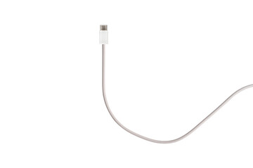 A white fabric-braided USB Type-C cable isolated on a transparent PNG. Ideal for concepts related to business technology, data transfer, connectivity and fast charging for modern devices.