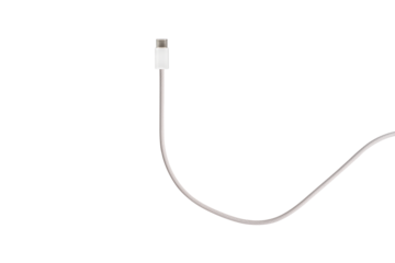 A white fabric-braided USB Type-C cable isolated on a transparent PNG. Ideal for concepts related to business technology, data transfer, connectivity and fast charging for modern devices.