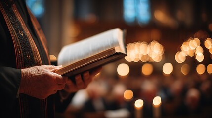 Hands Holding Aged Religious Book in Candlelit Church Interior