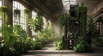 Green Oasis in Industry: Lush, vibrant plants flourish within the industrial shell, a captivating fusion of nature's tranquility and human industry.