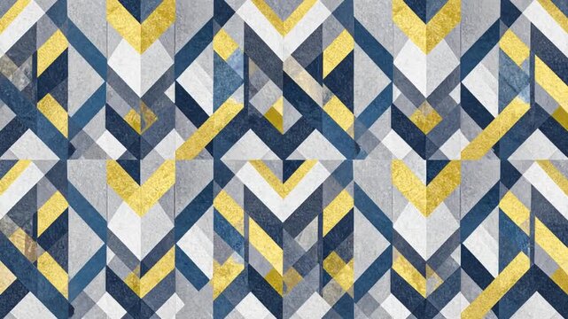 Geometric abstract pattern with triangles and chevron elements in blue, gray, white, and gold colors