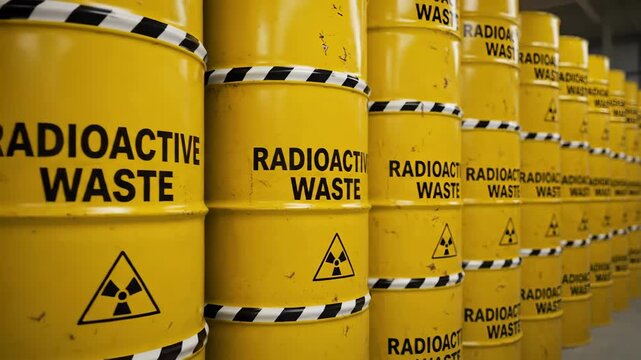 Rows of yellow barrels labeled radioactive waste with black and white striped lids, stored in an industrial warehouse with a gray interior.