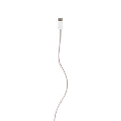 A white fabric-braided USB Type-C cable isolated on a transparent PNG. Ideal for concepts related to business technology, data transfer, connectivity and fast charging for modern devices.