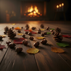 Cozy Autumn Floor Scene with Acorns and Pinecones by Fireplace