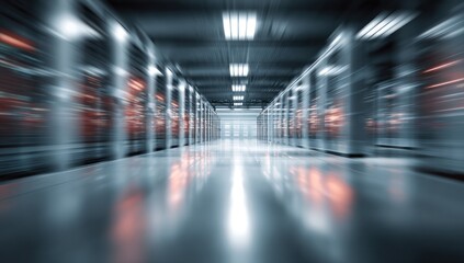 Server room aisle with motion blur and glowing lights