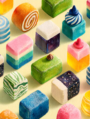 A delightful pattern of colorful, square confectionery and sweet treats in an isometric watercolor illustration style on a light yellow background