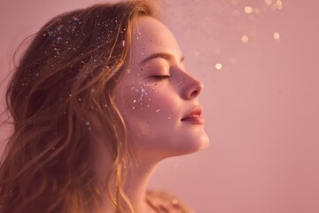 Soft-focused profile portrait of a woman blowing tiny glitter particles in a magical pink pastel backdrop