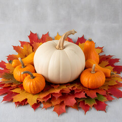 White Pumpkin and Gourds Surrounded by Autumn Leaves