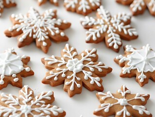 Decorative snowflake cookies are arranged in a colorful display for a winter celebration or holiday gathering
