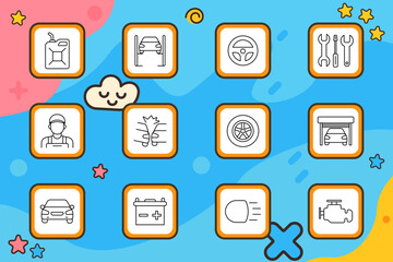 Car repair set icon. Gas can, lift, steering wheel, tools, mechanic, airbag, tire, garage, car, battery, headlight, engine. Automotive, maintenance, service, garage.