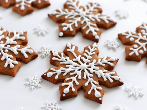 Decorative gingerbread snowflake cookies arranged on a white surface during the holiday season