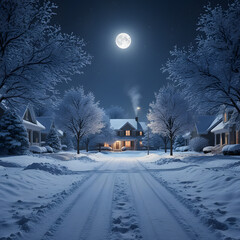 Quiet Suburban Street Covered in Snow Under Full Moon