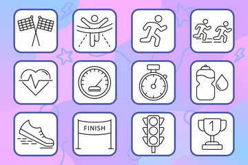 Running set icon. Flags, finish, stopwatch, track, water bottle, heart rate, shoe, winner, traffic light, award. Sport, health, competition, fitness.
