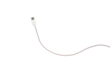 A white fabric-braided USB Type-C cable isolated on a transparent PNG. Ideal for concepts related to business technology, data transfer, connectivity and fast charging for modern devices.