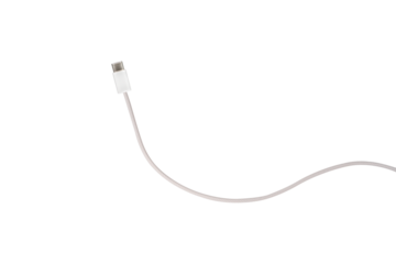 A white fabric-braided USB Type-C cable isolated on a transparent PNG. Ideal for concepts related to business technology, data transfer, connectivity and fast charging for modern devices.