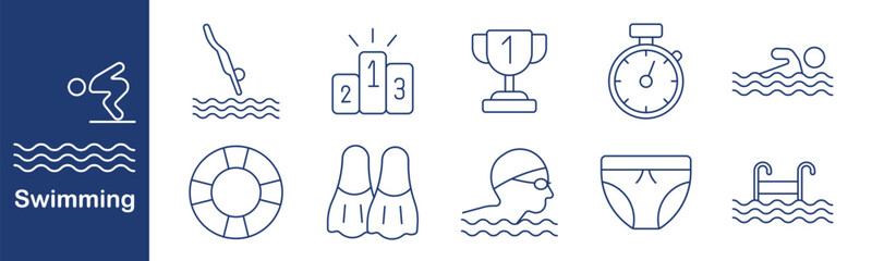 Swimming set icon. Dive, jump, podium, trophy, timer, stroke, ring, fins, cap, shorts, ladder. Sport, pool, water, training, victory, movement, gear, race, competition, discipline.