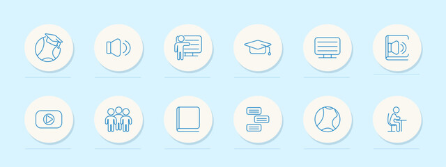 Online education set icon. Globe, volume, teacher, graduate cap, monitor, video, students, book, speech, ball, desk. Learning, school, remote, digital, knowledge, internet, class, platform, course.