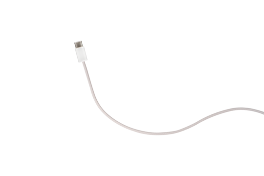 A white fabric-braided USB Type-C cable isolated on a transparent PNG. Ideal for concepts related to business technology, data transfer, connectivity and fast charging for modern devices.