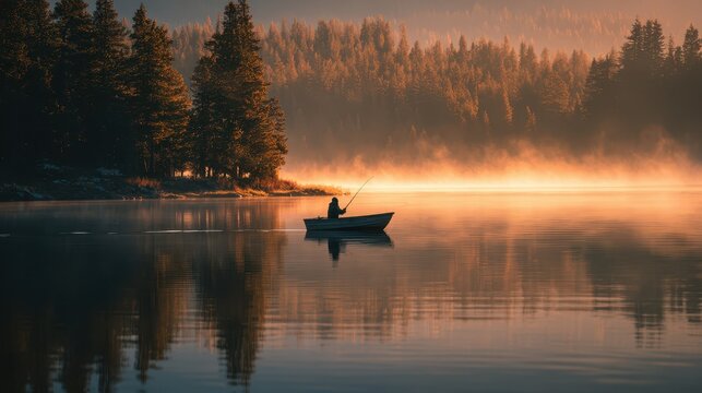 Solitary fisherman in a misty lakeside at dawn in a wooden rowboat