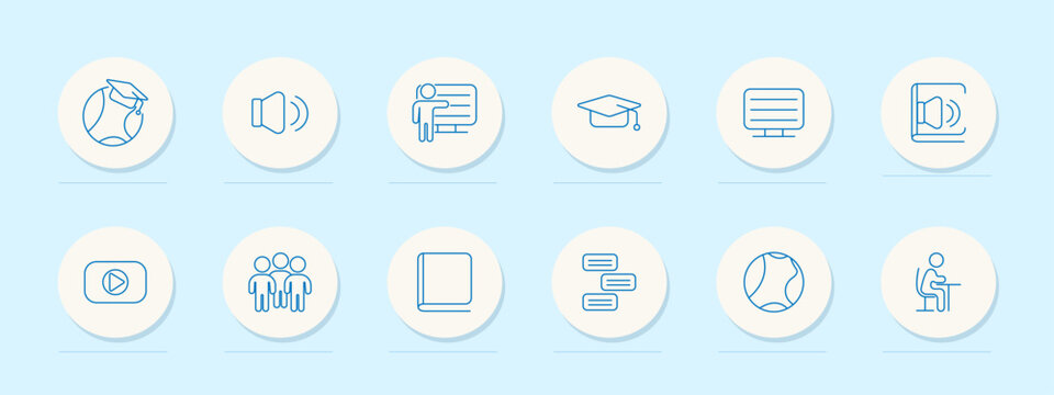 Online education set icon. Globe, volume, teacher, graduate cap, monitor, video, students, book, speech, ball, desk. Learning, school, remote, digital, knowledge, internet, class, platform, course.