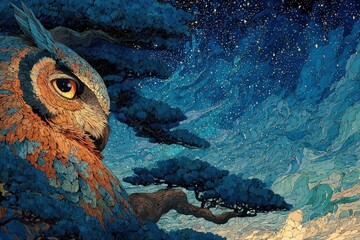 Detailed illustration of an owl nestled amongst pine trees under a starry night sky
