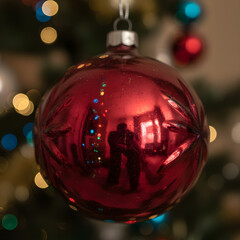 Close Up of Red Christmas Ornament with Reflection