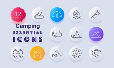 Camping set icon. Folding knife, tent, firewood, flashlight, caravan, tipi, mountain view, binoculars, backpack, axe, compass, map signpost, night gear