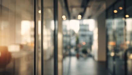 Blurred office hallway interior with glass partitions and warm light reflections.