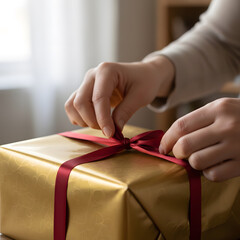 Hands Tying Red Ribbon on Gold Wrapped Gift Box