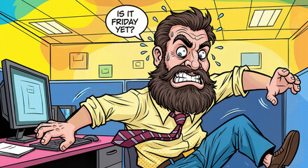 An angry man with a beard expresses dissatisfaction with his office work, the concept of "No Shave Day in November", comic-like caricature