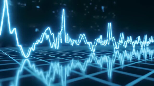 Grid based data analysis and technological innovation conceptually captured in stunning 4K Ultra High Definition as a computer screen displays a mesmerizing waveform like pattern. - Powered by Adobe