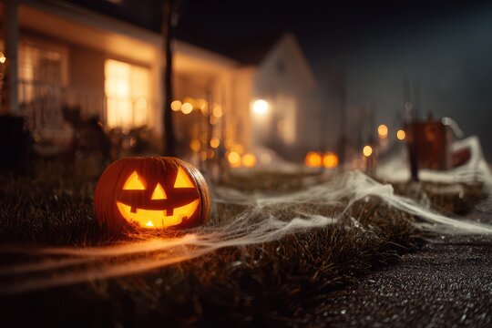 Spooky night-time yard display: close-up of jack-o'-lanterns, cobwebs, and eerie props