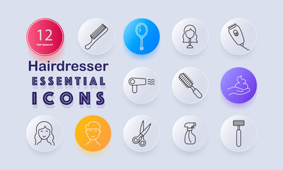 Hairdresser set icon. Comb, mirror, hairdryer, clipper, brush, hairstyle, scissors, spray bottle, shaving razor, foam outlined in hair salon service theme.